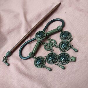 Bohemian inspired faux leather hair accessory, wire & dark stones, matching stic